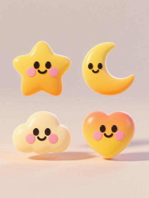 一组四个完全不同造型的可爱卡通元素，保持圆润立体3D风格，每个元素都有光滑的黄色渐变表面、黑色椭圆形眼睛、微笑曲线嘴巴和粉色圆形腮红，元素造型分别为星星、月亮、云朵和爱心，所有元素规整排布在纯色背景上，光线从左上方照射形成柔和阴影，整体呈现明亮欢快的氛围。预览效果