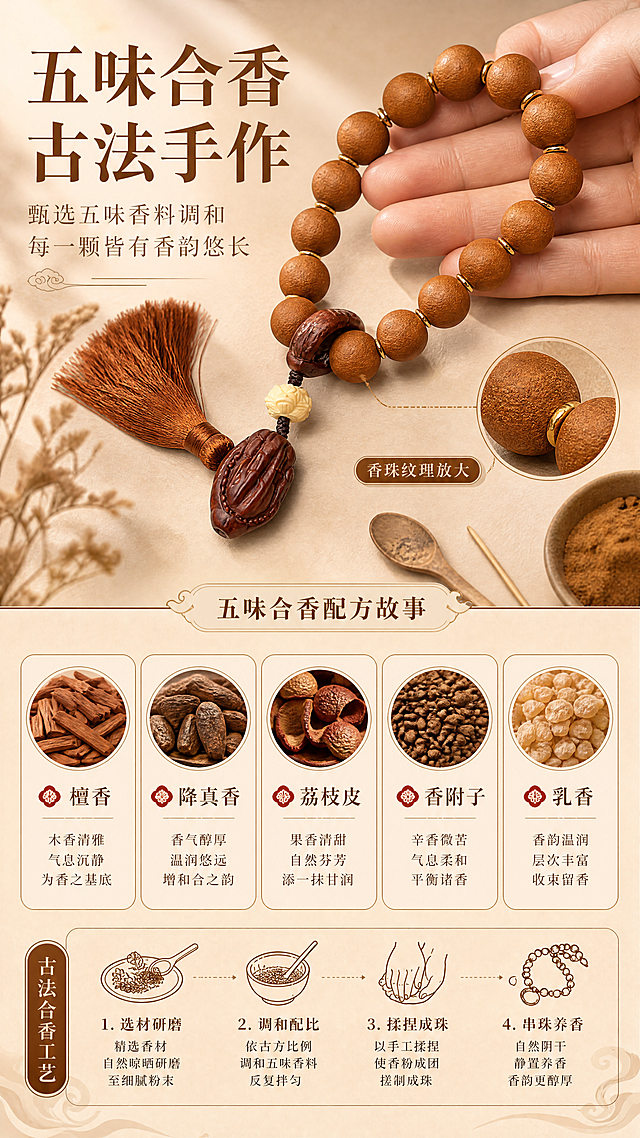 [商品] 使用【图1】妃子笑合香手持念珠；保留圆珠串结构、棕褐色香珠、佛手坠饰、莲花隔珠、棕色流苏、整体颜色和比例；珠粒做局部放大展示纹理质感，不改变商品结构。
[画面] 页面目标：配方故事，拆解五味合香原料，讲古法合香工艺；构图：竖版上下结构，上方手持念珠局部特写占画面35%，下方分布5种原料小图+文字说明；景别：特写+信息排版结合；背景：暖米色宣纸质感背景，点缀干花、香粉、香勺等古法制香工具营造氛围。
[视觉] 套系策略：风格=东方禅意国风商业摄影；标题字=宋体粗体（典雅宋体）；正文字=简洁宋体；主色=暖棕檀木色；背景延展=基于暖米杏色做深浅渐变、同色系晕染和细腻宣纸/木材质感；强调色=深赭石色，仅用于小面积图标、引线和标签；标题色=深棕褐色；正文色=暖棕灰色；组件=圆角浅底信息卡、细线引线、祥云/卷草纹点缀；光影=左前侧暖柔光，柔和阴影。
[文字] 上方主标题"五味合香 古法手作"，副标题"甄选五味香料调和 每一颗皆有香韵悠长"；下方分5个小图标+文字：檀香 / 降真香 / 荔枝皮 / 香附子 / 乳香，每味配一句简短说明；文字横排，不遮挡珠粒主体。
[规格] 图片比例9:16竖版，4K分辨率，medium质量；避免变形、错字、文字过小、冷蓝/蓝灰背景、商品颜色改变、结构失真、绝对化用语、医疗功效宣称。