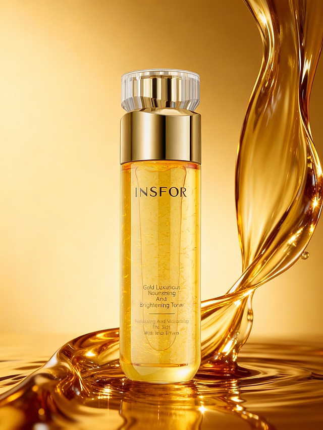 鎏金风与液态光效交织，3D重拟物设计呈现奢华质感，光影流动间尽显清透与高级，节日氛围中彰显极致护肤美学。