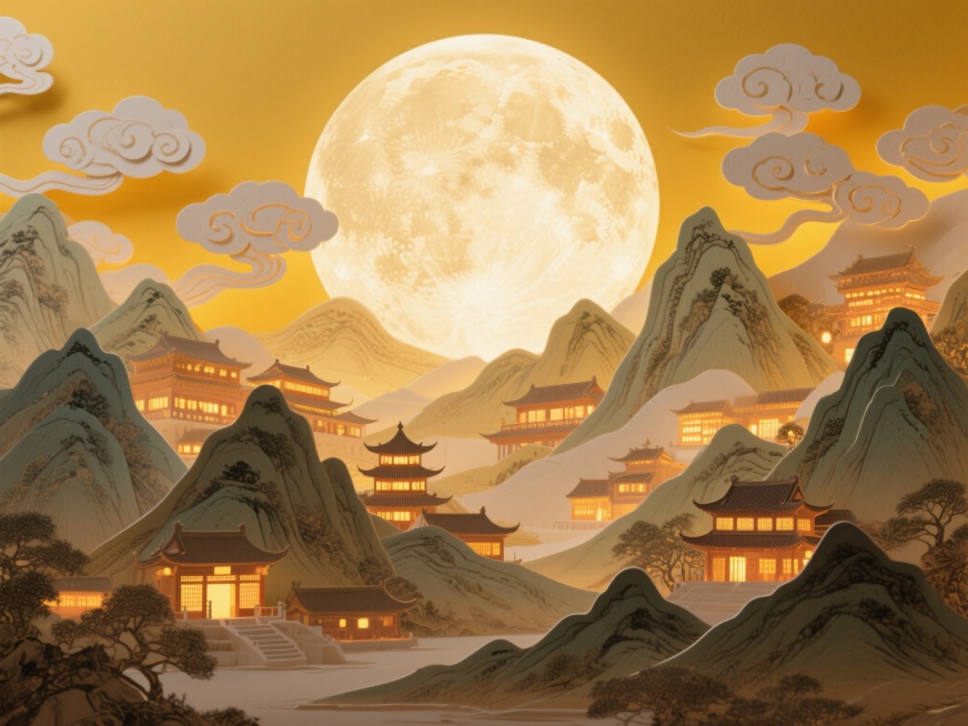 巨大的圆月占据画面中心，底部是工笔风格的山峦叠嶂，山峦间呈现古今建筑里万家灯火渐变温暖的光影，祥云装饰，整体采用纸雕艺术效果，层层递进，黄色调基底预览效果