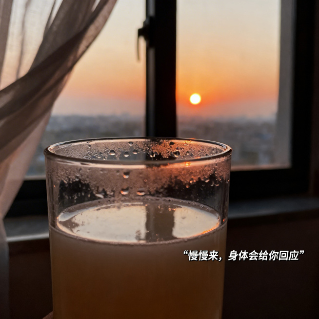 窗边黄昏时分，一杯喝了一半的益生菌冲饮，杯口带有真实水渍，窗外是渐暗天色与夕阳，窗帘被风吹起，温暖柔和的黄昏自然光，特写构图聚焦杯子，背景虚化，小字号文字“慢慢来，身体会给你回应”预览效果