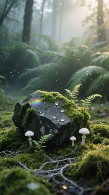 俯视角微距镜头，晨雾弥漫的古老森林地表，一块布满深绿苔藓的不规则灰黑色岩石被细密的银灰色菌丝网络温柔托举，岩石表面镶嵌着几粒折射彩虹光晕的露珠，周围蔓延着绒毯般的鲜绿苔藓，其间点缀着半透明的蕨类嫩芽和三朵顶戴珍珠晨露的白色小蘑菇，背景是逐渐虚化的深绿蕨类植物墙，空气中悬浮着肉眼可见的微小水汽颗粒，上方树冠缝隙中投下柔和晨光，在苔藓表面形成斑驳的金色光斑，整体色调是多层次翡翠绿与苔藓灰的和谐交融。预览效果