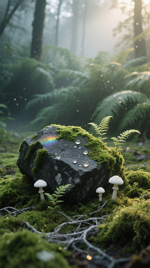 俯视角微距镜头，晨雾弥漫的古老森林地表，一块布满深绿苔藓的不规则灰黑色岩石被细密的银灰色菌丝网络温柔托举，岩石表面镶嵌着几粒折射彩虹光晕的露珠，周围蔓延着绒毯般的鲜绿苔藓，其间点缀着半透明的蕨类嫩芽和三朵顶戴珍珠晨露的白色小蘑菇，背景是逐渐虚化的深绿蕨类植物墙，空气中悬浮着肉眼可见的微小水汽颗粒，上方树冠缝隙中投下柔和晨光，在苔藓表面形成斑驳的金色光斑，整体色调是多层次翡翠绿与苔藓灰的和谐交融。