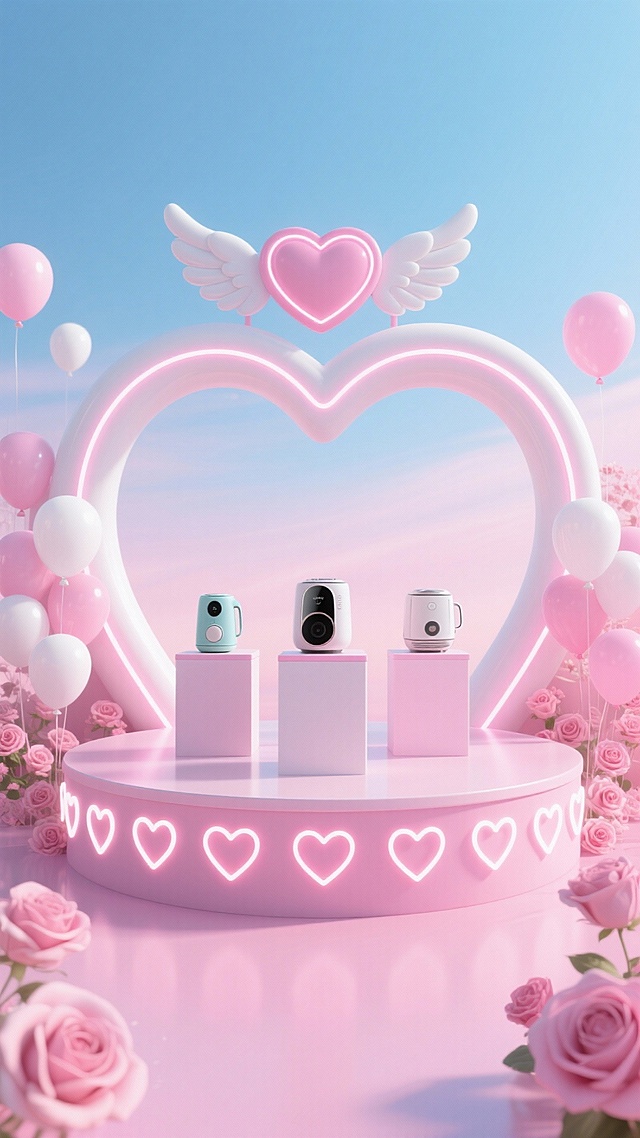 梦幻粉白心形拱门展台场景，站台上有3个小展台，用于放3个不同的小家电产品，拱门顶部有带翅膀的心形装饰，圆形展台边缘装饰一排小心形，周围点缀粉白气球、粉玫瑰，背景是柔和渐变的粉蓝天色，整体七夕浪漫甜美浪漫氛围、梦幻温馨，充满少女心，霓虹光效。
