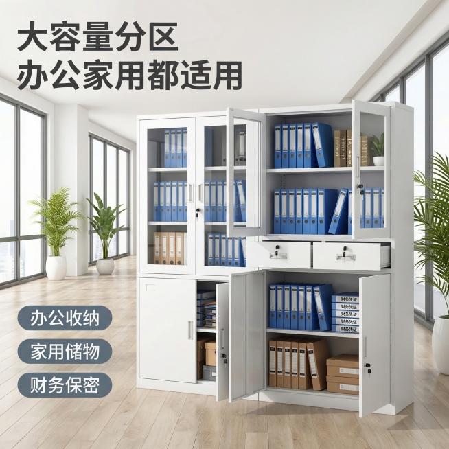 基于用户上传的文件柜产品图进行图生图，保持产品外观一致。生成第三张主图：多场景适用性展示，文件柜放置在简约办公环境中，内部展示放置好的办公档案、财务凭证，整体画面干净通透，突出大容量储物特性。左上角标预览效果
