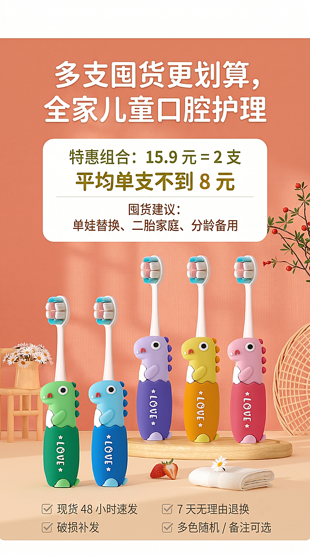 「图片1」「图片1」「图片1」「图片1」「图片1」「图片1」「图片1」「图片1」第 1 屏：首屏引流海报（承接主图流量，痛点 + 定位 + 活动）
画面素材：第一张 5 支恐龙牙刷全家福全景图
视觉排版
1.顶部通栏大字标题（居中粗圆体）：3-12 岁全换牙周期恐龙儿童牙刷
2.副标题小字：万毛柔护牙龈｜凸面深洁牙缝｜宝宝自主抓握
3.左侧悬浮痛点气泡：普通牙刷刷不干净、戳伤换牙红肿牙龈、宝宝不爱刷牙
4.底部浅橙渐变活动通栏： 特惠 15.9 元 / 2 支 | 原价 29.9 元 小字：多色可选｜二胎家庭囤货首选｜现货速发
第 2 屏：分龄科普 + 真人使用场景（打消 “买错年龄段” 顾虑）
画面素材：第六张小女孩刷牙真人实拍图 + 极简分龄色块图标
视觉排版
1.顶部标题：分阶护齿，适配乳牙期 & 换牙期
2.左右双模块分区： ① 3-6 岁乳牙期：适配软毛温和清洁，恐龙防滑手柄训练自主刷牙，搭配小女孩手持牙刷实拍局部 ② 6-12 岁换牙期：凸面多层刷毛深入牙缝，缓解牙龈红肿，搭配 3D 牙齿模型图（第八张）
3.底部小字场景文案：卡通恐龙造型，孩子主动爱上刷牙，告别抗拒刷牙哭闹
第 3 屏：刷头细节特写 + 清洁原理可视化（核心功能卖点，对标世喜刷毛对比逻辑）
画面素材：第二张刷头微距特写图 + 第五张带水珠刷毛细节图 + 第八张 3D 刷牙原理图
视觉排版
1.顶部标题：多层凸面万毛刷头 深洁不伤牙龈
2.中间三栏可视化展示： ① 微距实拍：分层双色植毛，内外长短毛结构 ② 水润实拍：细密万毛吸水柔和，无硬刺 ③ 3D 示意图：外层刷毛清洁牙面，内层刷毛钻进齿缝窝沟
3.侧边对比标签：VS 普通平面牙刷｜平面刷毛无法清洁牙缝死角，易滋生蛀牙菌斑
第 4 屏：四大核心卖点模块（轻量化图标，对标小狮王简洁卖点体系）
画面素材：第九张 4 项卖点图标素材 + 第四张双色恐龙牙刷产品图
视觉排版
1.顶部标题：4 大升级设计，专为儿童口腔打造
2.2×2 四宫格浅橄榄色圆角图标，从上到下依次： 
1.防滑恐龙硅胶手柄：立体恐龙硅胶包裹，小手抓握不打滑（配手柄实拍）
2.0.01mm 柔软万毛：高密度植毛，按摩红肿换牙牙龈（配刷毛微距）
3.轻盈耐摔一体成型：不掉毛、耐摔耐磨，儿童使用不易破损
4.萌趣恐龙 IP 造型：5 款马卡龙配色，男女宝宝都喜爱（配多色产品图）
第 5 屏：手柄功能细节特写（解决使用痛点，防滑 + 卡通情感价值）
画面素材：第三张俯视多支恐龙手柄平铺图、第四支双色恐龙牙刷图
视觉排版
1.顶部标题：立体恐龙防滑手柄，宝宝自主刷牙训练
2.分两块内容： ① 硅胶防滑结构：凸起恐龙背脊防滑纹路，手心出汗也不脱手，放大手柄硅胶细节 ② 多色全套展示：绿 / 蓝 / 紫 / 黄 / 粉 5 款马卡龙配色，单支 / 两支囤货随心选
3.辅助文案：圆润无毛刺，不会戳到宝宝口腔，一体成型无拼接缝隙，不藏污纳垢
第 6 屏：材质安全信任背书（母婴品类核心转化屏，对标世喜检测报告板块）
画面素材：干净浅白底，预留检测报告实拍图位置，搭配牙刷柔和产品图
视觉排版
1.顶部标题：食品级安全材质，母婴家庭放心用
2.三层信任逻辑从上至下： ① 刷毛：高密抗菌万毛，不易滋生细菌，不掉毛不刺激牙龈 ② 手柄：环保软硅胶 + PP 原生塑料，无异味、不含重金属 ③ 资质展示：SGS 安全检测报告实拍图，标注无荧光剂、无有害析出物
3.底部安心小字：3-12 岁儿童专用，入口材质严格检测
第 7 屏：收尾活动囤货引导 + 售后保障（承接下单，提升客单价）
画面素材：第一张 5 支全家福全景图，浅暖橘柔和背景
视觉排版
1.顶部标题：多支囤货更划算，全家儿童口腔护理
2.中间活动信息： 特惠组合：15.9 元 = 2 支，平均单支不到 8 元 囤货建议：单娃替换、二胎家庭、分龄备用
3.底部售后保障四行小字（浅灰色不抢视觉）： ✅ 现货 48 小时速发 ✅ 7 天无理由退换 ✅ 破损补发 ✅ 多色随机 / 备注可选
1.尺寸：淘宝标准详情宽度 750px，单屏高度 1400-1800px，总 7 屏分段导出，移动端适配
2.色彩控制：全图仅暖橘、奶白、浅橄榄、马卡龙 5 色，无高饱和刺眼色块，母婴温柔质感
3.文字规则：一级标题 36-42 号粗圆体，二级卖点 24 号，辅助说明 14-18 号，避免小字拥挤
4.素材使用：全部使用提供的实拍图，无额外卡通贴纸堆砌，仅少量 3D 科普辅助图；每屏顶部预留 100px 空白，底部留白 80px，视觉透气不压抑
5.避坑优化（规避两套竞品短板） 
o规避世喜短板：增加卡通 IP 情感氛围、全年龄段分龄科普、囤货活动引导
o规避小狮王短板：减少繁杂色块插画，加大留白，增加刷毛清洁对比实拍，弱化冗余科普文字，保证画面高级简约（帮我生成七屏的商品详情页）