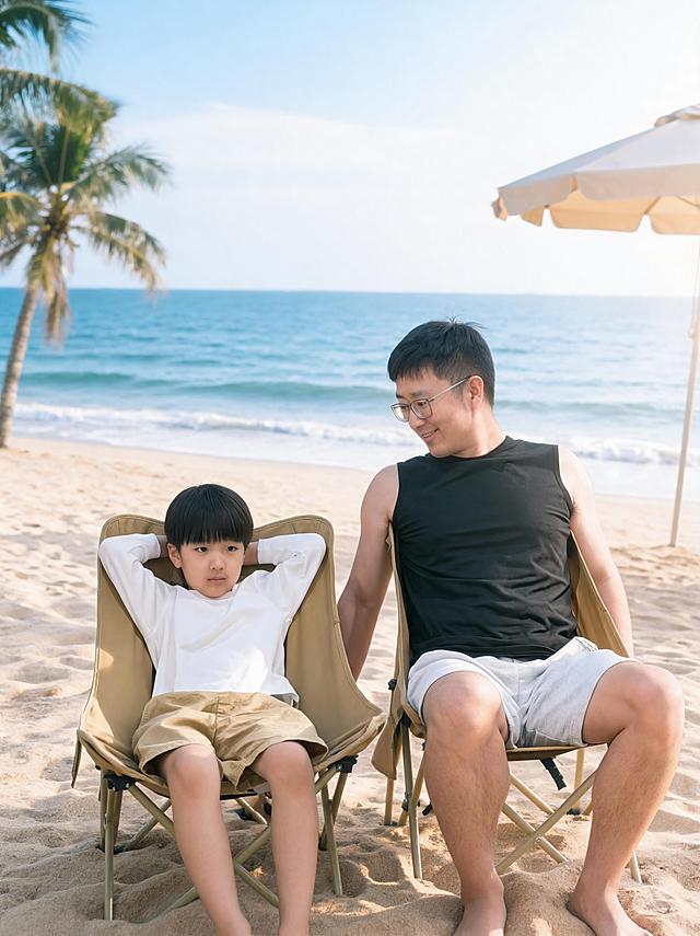 生成日系胶片清新风亲子沙滩双人合影写真（单幅画面，无拼图），仅保留参考图1双人人物脸型、发型、年龄等特征，忽略参考图中的价格牌、帐篷、桌椅等所有背景物体，低饱和清透蓝调，富士胶片感，色彩干净通透，柔和自然光，发丝逆光轮廓光，面部无硬阴影，大光圈浅景深，虚实交织的朦胧感，干净治愈松弛自然；成年男性清爽自然肤质，黑色短发，戴黑框眼镜，穿黑色无袖背心和浅灰色休闲短裤，小男孩清透细腻儿童肤质，黑色齐刘海短发，穿白色长袖上衣和卡其色短裤，父子二人并排坐在沙滩折叠躺椅上，小男孩双手枕在头后放松地看向前方，父亲侧头看向小男孩面带微笑，互动自然松弛；场景为夏日海边沙滩，金色细沙，远处蔚蓝大海与天空相接，海浪轻拍岸边，有遮阳伞和椰子树点缀，阳光明媚；中景构图，人物居中，画面层次丰富；分辨率4k，电影级光影质感，商业人像摄影级别，画面比例3:4