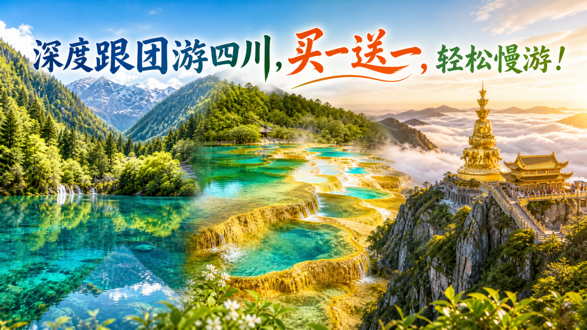 四川旅游宣传海报，画面自然拼接融合九寨沟碧蓝湖泊、黄龙五彩钙化池、峨眉山金顶三处春夏风景，整体过渡和谐，画面上方添加文字文案"深度跟团游四川，买一送一，轻松慢游！"，16:9构图，清新自然预览效果