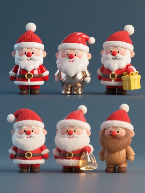 纯色背景上，规整排布的6个3D立体风圣诞元素系列素材集合，每个元素为同造型的Q版圣诞老人——戴着红色针织圣诞帽、有白色绒球和帽檐，白色浓密胡须和眉毛，红润脸颊，红色鼻头，微笑表情，身穿红色带白色毛边的圣诞服，金色圆形腰带扣，右手提着黄色礼物袋——但分别呈现完全不同的材质质感：1. 光滑亮面塑料，带有高光反射；2. 哑光陶瓷，表面细腻温润；3. 拉丝金属，呈现金属纹理和冷硬质感；4. 柔软绒毛，……预览效果