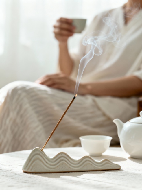 冬日室内闲适场景，画面中下区域为视觉焦点：点燃的线香轻烟轻盈舒展，搭配带波浪纹理的浅色系陶瓷香座，香座旁置简约白色茶具（茶壶 + 茶杯）；背景以浅景深虚化呈现半露身形的模糊人物（着浅色衣物、手持杯子，预览效果