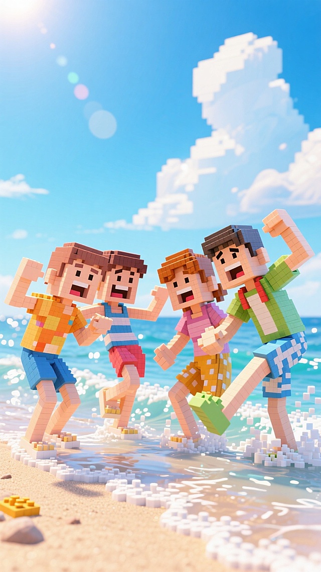 四个朋友摆着搞怪的姿势在海边合照，蓝天白云