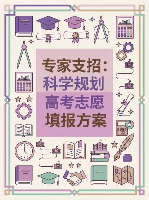高考志愿填报专家指导封面配图，比例3:4，配色参考提供的紫、粉紫、绿、浅粉、浅棕配色方案，文字很少只保留主标题"专家支招：科学规划高考志愿填报方案"，底图插图丰富，风格简约高级，教育知识类封面，清晰干预览效果