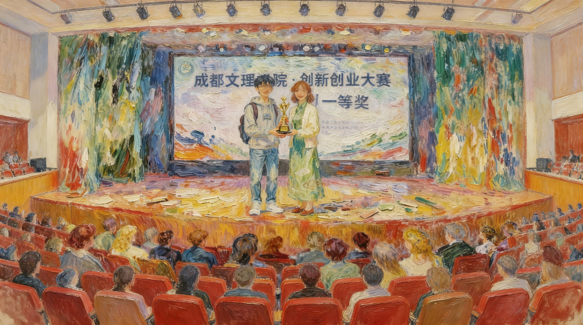 将画面调整为更远的远景，展现整个礼堂和更多观众区域，舞台人物、背景文字内容和印象派风格保持不变预览效果