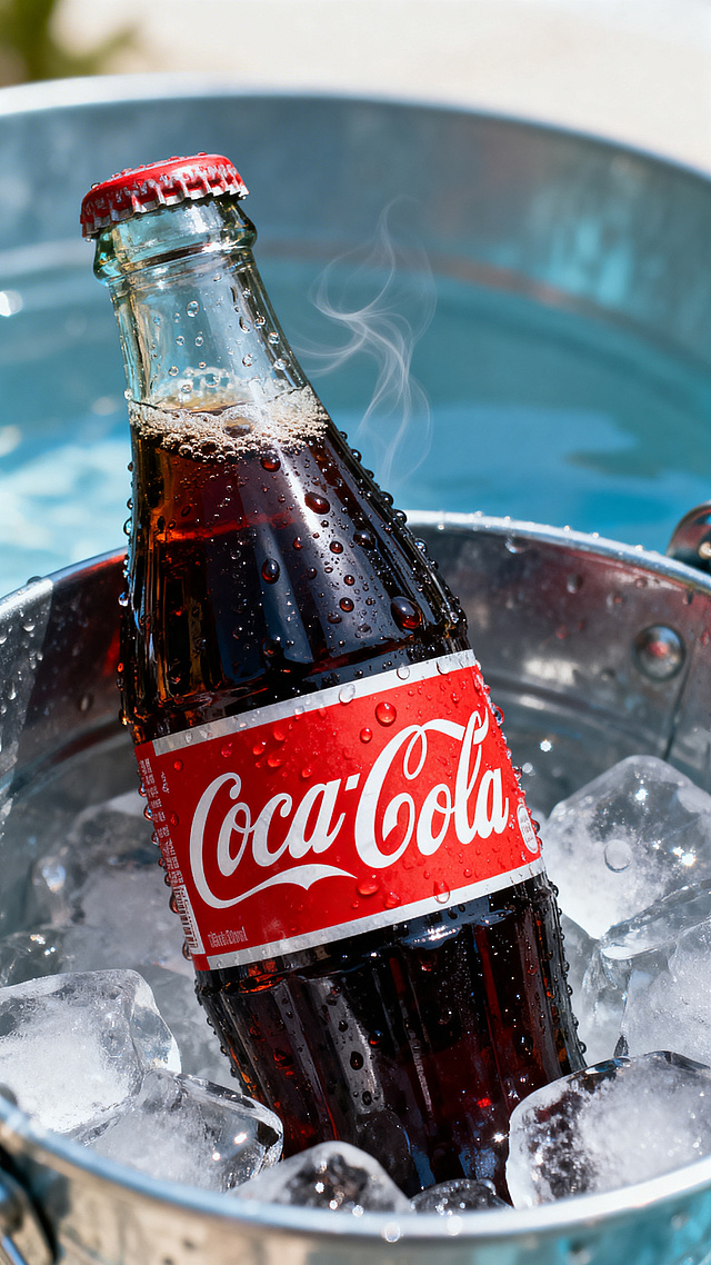 夏日冰桶里捞出的玻璃瓶装经典可口可乐，瓶身挂满细密的水珠，经典红标复古玻璃瓶，刚刚开瓶，瓶口带丝丝凉意气泡，整体充满夏日清凉氛围感，画面干净通透，色调清新凉爽