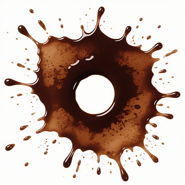 一张污渍素材图片，画面主体是一大团深棕色的咖啡渍，污渍中心有一个圆形的空白区域，周围是不规则的溅落形状，边缘有许多细小的咖啡滴落，整体呈现出液体飞溅后凝固的质感，色彩从中心的深棕色向外逐渐过渡为浅棕色，表面有光泽感，背景为纯白色，突出污渍的形态和色彩。