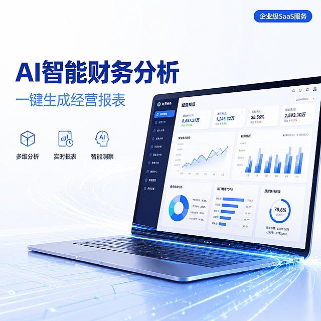 [主图-1] AI智能财务分析系统服务主题首图
[氛围风格] 简约专业科技风，干净大气，商务质感
[画质] 商业设计质感，画面清晰锐利，文字清晰可辨，整体高级专业
[元素] 画面中心偏右展示一台笔记本电脑屏幕，屏幕上显示精美的数据可视化仪表盘，包含柱状图、折线图、饼图、数字卡片等财务报表元素，数据图表色彩以深蓝和浅蓝渐变为主。屏幕前方有淡淡的AI光效粒子和数据流动线条，营造智能科技感。左侧为大面积留白负空间用于放置文案。背景为纯白色渐变，底部有极淡的蓝色几何线条装饰，整体简洁不杂乱。画面满屏无边框。
[光影] 柔和均匀的顶光与侧光结合，屏幕有自然的高光反射，整体光线明亮通透，无强烈阴影，科技感冷色调光影
[配色] 主色白色背景；主视觉色深蓝色(#1E3A8A)；辅助色浅蓝色(#3B82F6)；强调色青色(#06B6D4)；图标和数据高亮用渐变蓝
[视角构图] 平视略微俯视角度，笔记本电脑位于画面右侧黄金分割点，左侧留白充足，景深适中，焦点清晰在屏幕内容上
[文字版式] 左侧负空间左对齐排版，留足安全边距。主标题"AI智能财务分析"，深蓝色最大号粗体无衬线字体，醒目有力；副标题"一键生成经营报表"，中号字体，浅蓝色；下方三个小图标加短句横向排列："多维分析""实时报表""智能洞察"，图标用蓝色线性风格，文字小号深灰色。右上角有小标签"企业级SaaS服务"，蓝底白字圆角矩形。整体文字不遮挡主体，层次分明
[输出要求] 1:1比例，文字清晰锐利，超高清商业设计质感
[负向提示词] 变形，文字错乱，模糊，背景杂乱，水印，电商平台Logo，人物面部扭曲