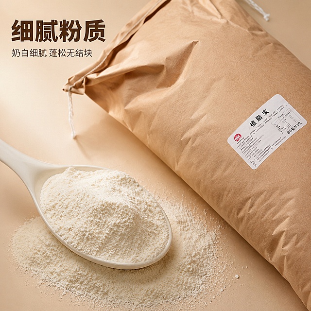 [主图-2] 奶茶植脂末细节品质展示图。[氛围风格] 真实原料展示，突出粉质细腻质感。[画质] 商业摄影质感、光线柔和通透、产品清晰真实、画面干净高级。[元素] 牛皮纸植脂末包装斜放右侧，左侧用干净白勺舀出细腻植脂末粉质，展示奶白色细腻粉质状态，粉质蓬松均匀，无结块，保持植脂末包装外观与输入产品图绝对一致，杜绝任何变形和色差。商品主体占比约70%，画面层次清晰，产品和粉质细节都清晰展示。[光影] 自然侧逆光，突出粉质细腻蓬松的纹理质感，光线柔和温暖，通透不杂乱。[配色] 主色调浅奶白暖棕，保持产品原有牛皮纸颜色自然协调。[视角构图] 斜侧俯拍，粉质细节在前景，产品包装在后景，景深适中突出粉质细节。[文字版式] 左上角左对齐，大字 "细腻粉质"，棕色粗体；下方小字 "奶白细腻 蓬松无结块"，细棕色小字号，文字不遮挡主体。[输出要求] 1:1 比例，文字清晰可辨，超高清商业摄影质感。[负向提示词] 变形，文字错乱，产品图模糊，背景杂乱，水印，电商平台Logo。