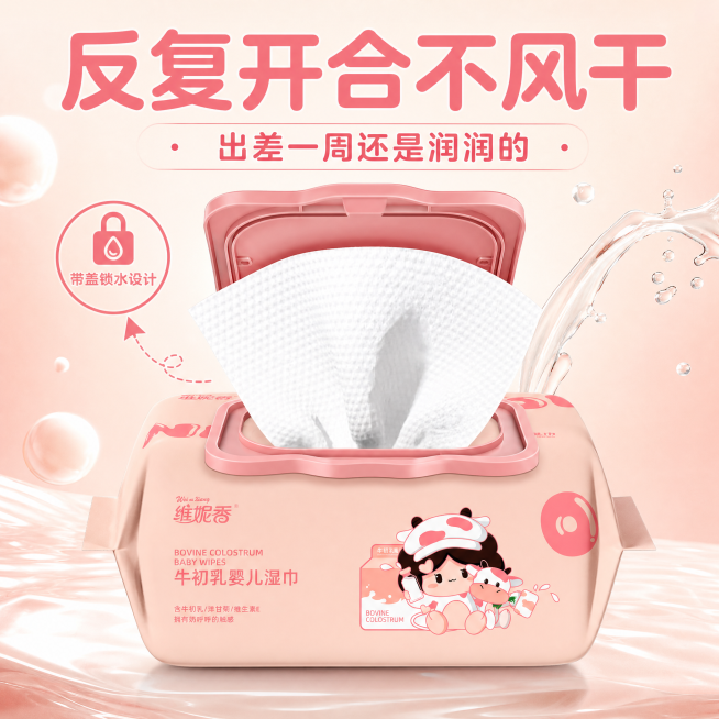 「图片1」，生成电商主图（10张），商品名称是维妮香牛初乳湿巾，卖点是原卖点	升级为通用 / 差旅场景的 “抓眼球话术”	覆盖人群 0 酒精 0 香精	「全肤质通吃！敏皮、孕妈、宝宝都能放心用」	母婴预览效果