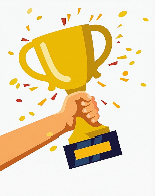 去掉奖杯下方的蓝黄彩带，只保留手和金色奖杯，保持原图的扁平化插画风格，背景保持白色不变，其他元素保留