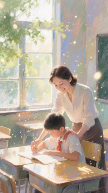 阳光明媚的教室，一位面带和蔼微笑的女教师正在耐心地俯身指导一名学生做功课，窗外是绿色的树叶。柔和的逆光，温暖的光晕，电影感镜头，超真实摄影，8K分辨率。预览效果