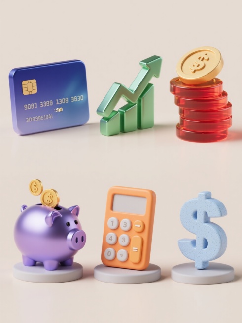 3D立体风格金融元素图标设计，整体采用圆润光滑的现代设计语言，上下两行对齐排列布局，浅色背景。上行三个元素：左侧为深蓝色渐变材质的信用卡图标，带有精细的浮雕卡号和芯片细节，表面有轻微反光；中间是绿色金属质感的上升趋势折线图，线条流畅，边缘有高光处理；右侧为红色玻璃材质的金币堆叠造型，金币边缘有磨砂纹理，呈现半透明光泽。下行三个元素：左侧是紫色哑光金属材质的储蓄罐图标，罐口有金色硬币溢出效果；中……预览效果
