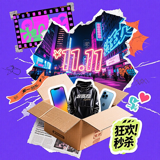 炸开的快递箱、闪烁的 “11.11” 符号、悬浮的潮牌服饰 / 数码产品、动态倒计时数字、街头涂鸦字体 “狂欢”“秒杀”，叠加故障风纹理、几何色块切割、复古胶卷边框。背景是流光溢彩的城市夜景，点缀荧光色价格标签、飘带和爱心符号，整体构图密集但层次分明，视觉冲击力强，细节充满动感