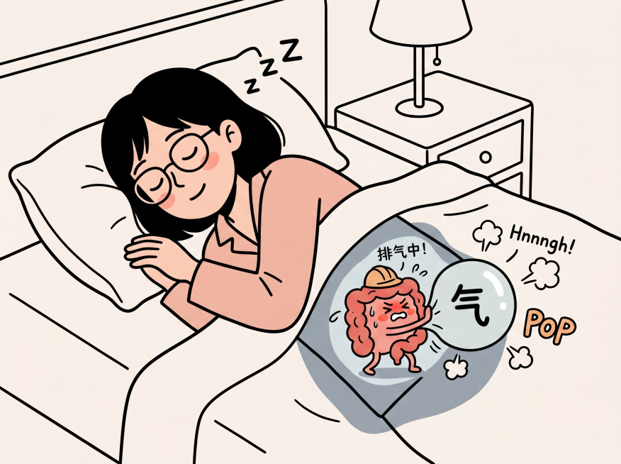比例4:3，参考图片中的简约卡通简笔画人物风格，绘制一个戴眼镜短发女生躺在床上睡觉，透视出肚子里有一个卡通肠道小人正在努力蠕动排气，画面趣味搞笑，保留参考图的线条和色彩风格预览效果