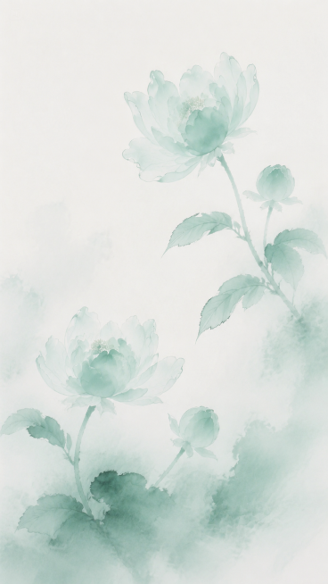 新中式水墨花卉，浅青绿色调，写意国画风格，淡雅空灵，花卉花枝，和参考图风格一致，不同的花卉布局构图预览效果