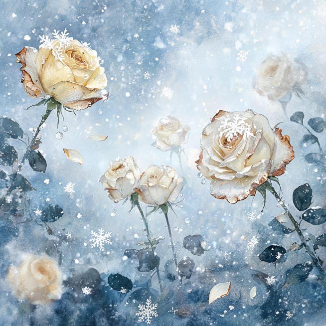 Seamless repeating pattern of watercolor winter roses, soft off-white and pale yellow roses with del预览效果
