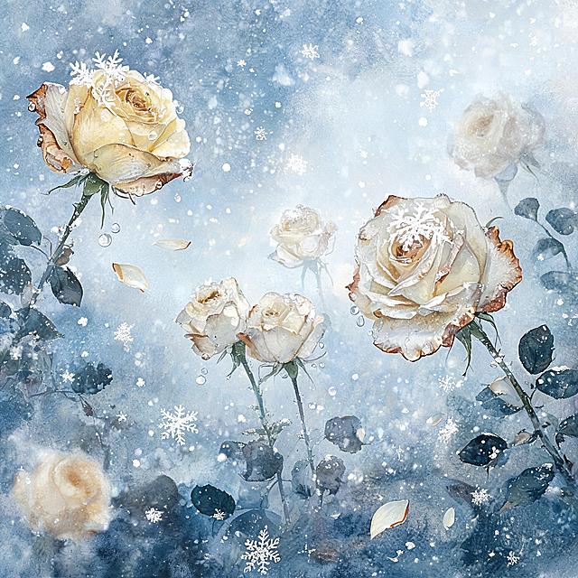 Seamless repeating pattern of watercolor winter roses, soft off-white and pale yellow roses with delicate wilted petals and faded brown edges, scattered blooms at varying depths foreground, midground, softly blurred background, crystal-clear water droplets clinging to petals and stems, falling snowflakes and soft snow dusting on blooms, loose rose petals floating in empty space, cool misty blue-gray and frosty white watercolor background with subtle gradient wash, asymmetrical organic layout with diagonal flow, roses clustered in loose groups and single blooms scattered to avoid rigid repetition, soft out-of-focus background blooms to add depth, ethereal melancholic winter atmosphere, muted cool-toned palette: off-white, pale yellow, soft blue-gray, deep indigo, frosty white, delicate translucent petals with watercolor bleeding effect, painterly texture, no text, no signature, no borders, seamless tileable, print-ready for home textiles and wallpaper, 72dpi
