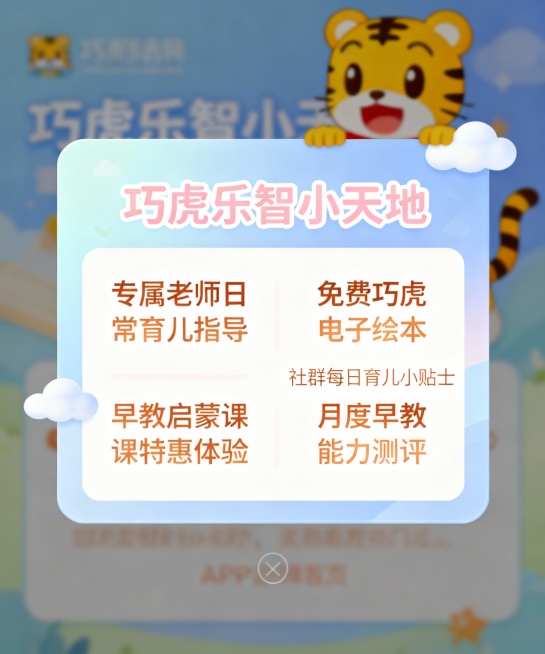 参考素材APP首页弹窗图，设计五款APP首页弹窗图，要求品牌名由尚列快闪改为巧虎乐智小天地，六点福利说明修改为适合早教产品社群的福利内容，如专属老师适龄指导，特惠产品等。APP首页弹窗尺寸：1000p预览效果