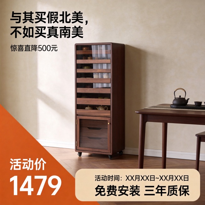 设计类型：写实

设计风格：中古奶油风（家居摄影）

主体：柜子（占画面比40%，放置于深棕木纹地板上）

装饰元素：茶桌，浅咖色肌理感墙面，清透的阳光

色调：中古奶油风。

氛围：轻奢舒适的品质家预览效果