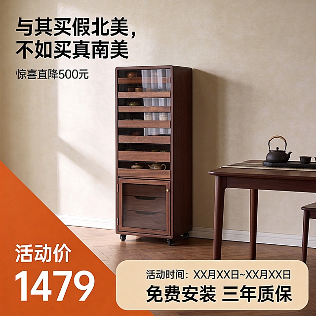 设计类型：写实

设计风格：中古奶油风（家居摄影）

主体：柜子（占画面比40%，放置于深棕木纹地板上）

装饰元素：茶桌，浅咖色肌理感墙面，清透的阳光

色调：中古奶油风。

氛围：轻奢舒适的品质家居氛围，景深感柔和。

文字信息：主标题（浮于背景上、画面左部空中：“与其买假北美，不如买真南美”，下面小字：惊喜直降500元）；活动信息（置于画面下浅棕四角圆角长方形色块内、右部：上排小字“活动时间：XX月XX日~XX月XX日”下排文字“ 免费安装 三年质保。左部是橙色梯形色块文字“活动价1479”），文字与色块适配融合。