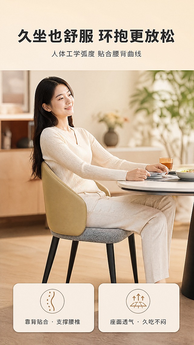 [商品] 使用【图1】DY-8821B枫叶黄餐椅；保留弧形环抱靠背、皮革+棉麻双材质、黑色碳素钢腿、整体轮廓比例与颜色；修复：自然理顺座面棉麻纹理，皮革靠背质感细腻，钢腿哑光黑质感。
[画面] 目标：真人体验页，展示坐靠舒适度。上文下景构图，上半区短文案，下半区现代餐厅场景，一位亚洲年轻女性自然坐靠在餐椅上，身体微微后靠，双手轻搭桌面，呈现放松用餐姿态，产品与人物占画面约65%，背景餐桌、花瓶、绿植虚化，暖自然光。
[视觉] 套系策略：风格=轻奢现代亮调商业摄影；标题字=现代无衬线粗黑体；正文字=简洁无衬线体；主色=暖米白+枫叶黄；背景延展=基于暖米白做深浅层级、同色渐变和细腻哑光质感；强调色=浅焦糖棕，仅用于小面积图标、引线和标签；标题色=深炭灰；正文色=中暖灰；组件=圆角浅底信息卡、细线引线、胶囊卖点框；光影=左前侧暖柔光，通透自然。
[文字] 顶部主标题「久坐也舒服 环抱更放松」（10字），副标题「人体工学弧度 贴合腰背曲线」（12字），底部2个体验标签：「靠背贴合 · 支撑腰椎」「座面透气 · 久吃不闷」。
[规格] 图片比例9:16竖版，4K分辨率，避免变形、错字、文字过小、冷蓝/蓝灰背景、产品颜色改变、结构失真、极限词、欧美面孔。