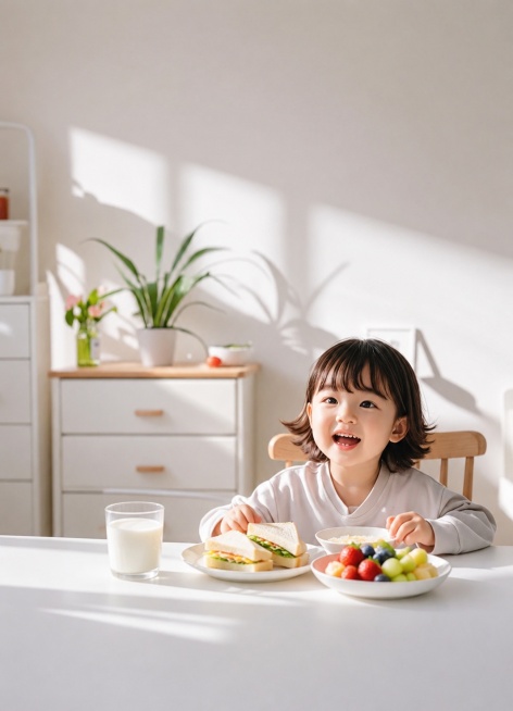 将桌子上的餐品改为早餐，保留小女孩和整体场景，更换桌子上的食物为牛奶、三明治和水果，保持温馨明亮的阳光氛围预览效果