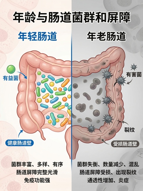 科普插画风格，左右对比图。左侧标注为"年轻肠道"，明亮干净的背景，大量排列整齐、色彩鲜艳、形状规则的彩色圆点代表有益菌，肠道壁完整光滑。右侧标注为"年老肠道"，灰暗背景，圆点数量减少且颜色暗淡、形状不预览效果