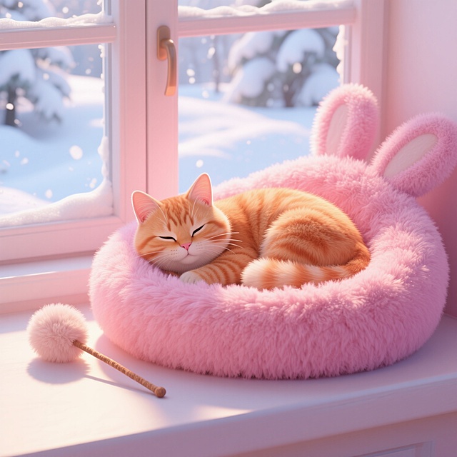 软3D风萌系猫咪蜷卧粉红兔耳窝，毛发生长质感细腻，窗外雪景映衬温馨梦幻，面料柔软触感十足，营造冬日甜蜜舒适氛围。