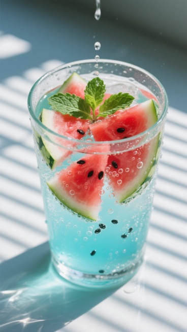 俯视角度，夏日冰镇玻璃杯中，几块鲜红多汁的西瓜切片悬浮在晶莹剔透的气泡水中，渐变的蒂芙尼蓝液体包裹着果肉，细密的气泡从杯底缓缓上升，西瓜籽如同小小的黑色星球散落在纹理清晰的红色果肉间，绿色果皮与白色内瓤形成鲜明层次，几片薄荷叶在杯壁投下摇曳的阴影，杯口凝结着水珠正缓缓滑落，背景是模糊的阳光透过百叶窗形成的光斑，整体色调以清凉蓝为基底，点缀西瓜红与薄荷绿，光影通透，营造出冰块碰撞般的夏日解暑瞬间。预览效果