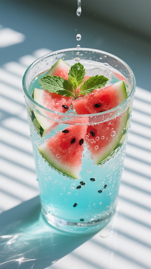 俯视角度，夏日冰镇玻璃杯中，几块鲜红多汁的西瓜切片悬浮在晶莹剔透的气泡水中，渐变的蒂芙尼蓝液体包裹着果肉，细密的气泡从杯底缓缓上升，西瓜籽如同小小的黑色星球散落在纹理清晰的红色果肉间，绿色果皮与白色内瓤形成鲜明层次，几片薄荷叶在杯壁投下摇曳的阴影，杯口凝结着水珠正缓缓滑落，背景是模糊的阳光透过百叶窗形成的光斑，整体色调以清凉蓝为基底，点缀西瓜红与薄荷绿，光影通透，营造出冰块碰撞般的夏日解暑瞬间。