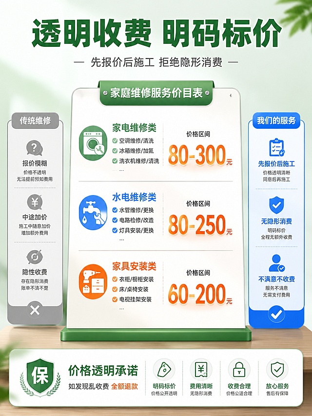 [第6屏] 家庭维保透明收费展示页面。
[氛围/风格] 清晰透明、价格公道、对比展示风格，让用户放心。
[元素布局] 画面中央是一个价格清单展示板样式的设计，类似菜单或价目表；顶部有「透明收费 明码标价」大标题；下方分三个服务类别展示价格区间：家电维修类、水电维修类、家具安装类，每个类别有图标、名称、价格区间和包含项目；价格数字醒目突出；左侧有一个「传统维修」的灰色小对比框，展示「报价模糊/中途加价/隐性收费」的痛点；右侧有一个「我们的服务」的蓝色高亮框，展示「先报价后施工/无隐形消费/不满意不收费」的优势；底部有价格保障承诺图标和文字。
[光影质感] 整体明亮均匀，价格数字有发光或高亮效果，价格板有轻微阴影和立体感，像一块立在桌面上的展示牌。
[配色色系] 全局底色 #F0FDF4 淡绿色；主色 #059669 绿色；辅助色 #2563EB 蓝色、#F97316 橙色；价格数字用橙色突出显示；对比区域用灰色和绿色区分。
[视角构图] 正面微俯视，价格板居中偏上，左右有对比框，底部有保障条，阅读动线从上到下浏览价格清单。
[文字版式] 顶部主标题「透明收费 明码标价」粗体绿色字，副标题「先报价后施工 拒绝隐形消费」灰色小字；每个服务类别：左侧彩色图标，中间类别名称+项目列表，右侧价格区间（大号橙色数字）；底部保障条：「价格透明承诺」配盾牌图标，小字「如发现乱收费 全额退款」；文字清晰可读，价格数字最醒目。
[比例分辨率] 3:4 竖版比例，4K 分辨率，文字清晰可辨，高清画质。
[负向提示词] 变形，水印，文字错乱，文字过小，价格数字模糊，背景杂乱，颜色偏差，低俗内容。