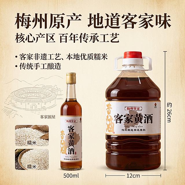 严格还原上传的2.5L桶装客家黄酒产品图所有细节，包括包装设计、颜色、LOGO位置、文字内容、图案元素，产品尺寸比例保持1:1，精准还原规格：2.5L桶(瓶高约26cm，最大直径约12cm)，瓶型、标签、酒液细节100%还原。生成1:1竖版电商主图，中式复古禅意风格，暖木色质感背景，杂志级精致排版。画面右侧展示500ml玻璃瓶，左侧搭配客家围屋淡墨线描元素与糯米原料实景，左右对称分栏布局。顶部主标题："梅州原产 地道客家味"，副标题："核心产区 百年传承工艺"，下方用统一宋体列出卖点：客家非遗工艺、本地优质糯米、传统手工酿造。整体光影柔和，产品质感通透，风格统一高级，无割裂感，高清写实。避免：模糊，变形，尺寸错误，LOGO错位，文字杂乱，场景失真，现代元素，颜色刺眼，低清，比例错误，字体不统一，背景杂乱