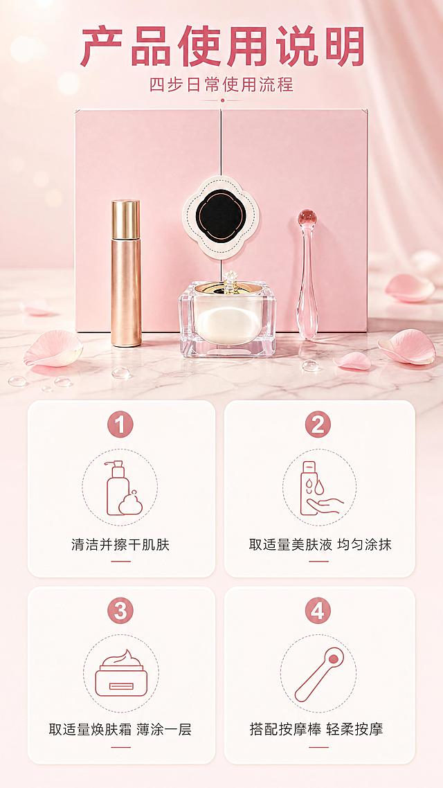 [商品] 使用【图1】黄色膏体质地特写、【图2】粉嫩霜奢宠套盒全景、【图3】开盖水晶罐与粉色膏体：【图2】用于确认套盒组成（粉色礼盒、玫瑰金美肤液管、方形水晶焕肤霜罐、粉色玻璃按摩棒），【图3】用于确认罐体与膏体；保留产品结构、配件、颜色与包装本体文字，不沿用输入图中的宣传文字与版式。
[画面] 目标：使用说明总览页；9:16竖构图，上三分之一为套盒标准照（礼盒+美肤液+焕肤霜+按摩棒）置于浅粉石材台面，散落花瓣与水珠；下三分之二为四个奶白圆角步骤卡按2×2排列，每卡一个圆形序号、一个小图标和一句短说明；阅读动线自上而下，层级清晰，字号保证手机端可读。
[视觉] 套系策略：风格=淘宝天猫粉调柔光说明型商业摄影；标题字=现代无衬线粗体；正文字=简洁无衬线体；主色=柔雾浅粉；背景延展=浅粉到奶白渐变、花瓣与柔光光斑、轻微丝绸质感；强调色=玫瑰金，仅用于小面积图标、引线和标签；标题色=深玫红；正文色=暖灰粉；组件=奶白半透明圆角卡片、圆形序号、细线图标；光影=左前侧柔光箱光，产品接触阴影柔和。
[文字] 主标题"产品使用说明"最大号加粗；副标题"四步日常使用流程"；四个步骤卡文案："1 清洁并擦干肌肤""2 取适量美肤液 均匀涂抹""3 取适量焕肤霜 薄涂一层""4 搭配按摩棒 轻柔按摩"；所有文字仅横向排版，不遮挡产品。
[规格] 9:16竖版，4K；严禁出现黑色素、粉嫩、少女、脱屑、代谢、焕肤功效、部位名称（乳晕/乳头/私密/唇嘴）、7天15天28天见效等字样；避免产品变形、错字乱码、水印、平台Logo、竖排文字、字号过小。