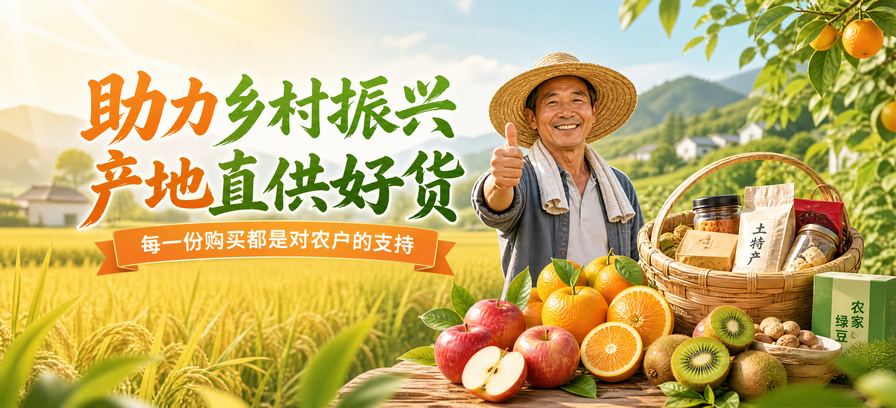 微信小程序助农产品轮播banner，温暖乡村风格，画面左侧是金… - 图片创意预览