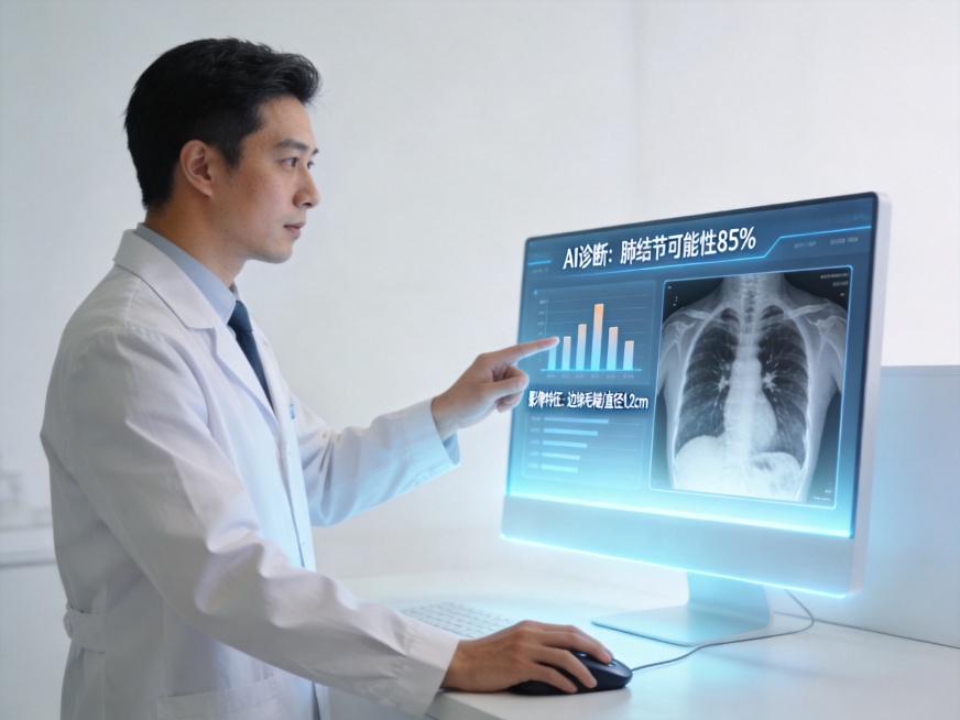放射科医生使用AI辅助诊断的示意图，医生与屏幕上的AI分析结果互动预览效果