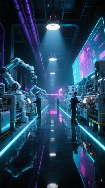 赛博朋克风格的现代化工厂内部场景，未来感十足的高科技生产线，金属质感的银白色精密设备与霓虹蓝色、紫色管线交织，昏暗空间中多色全息投影显示生产数据，工人身着带有发光线条的深色工装在机械臂间操作，地面反射着设备冷光形成镜面效果，天花板悬挂的工业吊灯投射出强烈光束切割黑暗，整体呈现出高科技、冷峻、略带神秘的工业氛围，画面构图采用纵深视角展现工厂的宏大与繁忙，细节丰富的机械结构与未来科技元素完美融合。预览效果