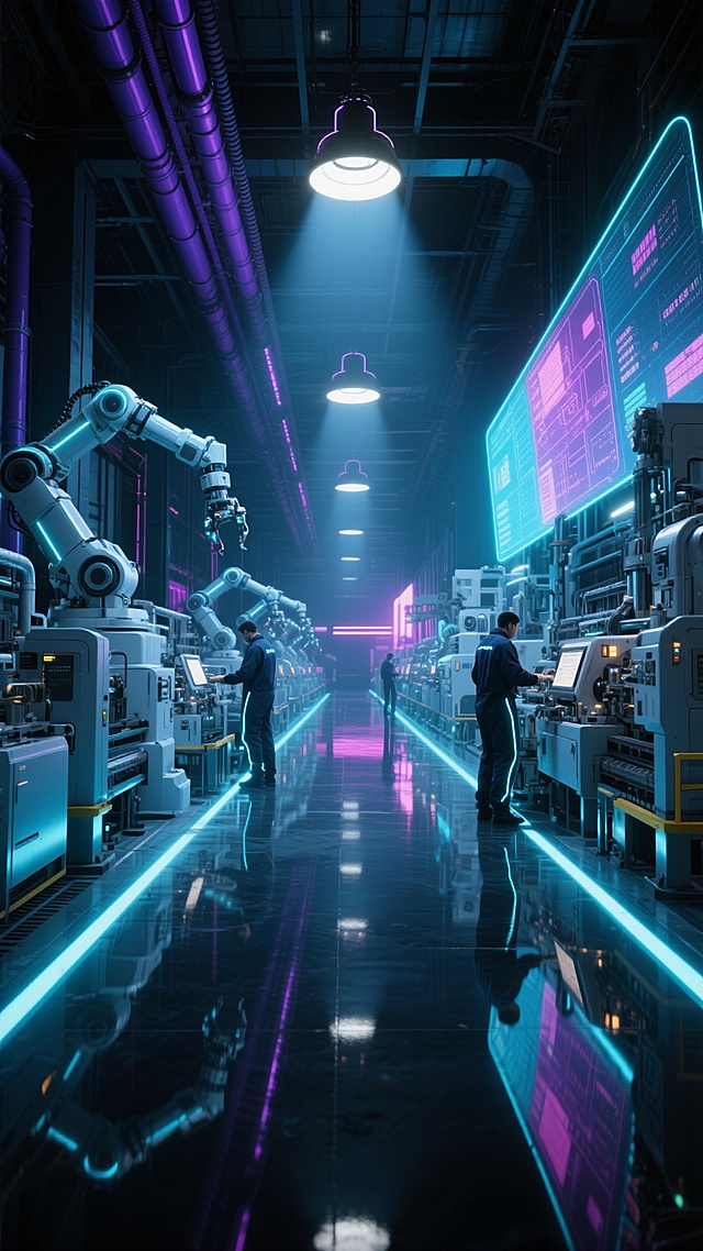 赛博朋克风格的现代化工厂内部场景，未来感十足的高科技生产线，金属质感的银白色精密设备与霓虹蓝色、紫色管线交织，昏暗空间中多色全息投影显示生产数据，工人身着带有发光线条的深色工装在机械臂间操作，地面反射着设备冷光形成镜面效果，天花板悬挂的工业吊灯投射出强烈光束切割黑暗，整体呈现出高科技、冷峻、略带神秘的工业氛围，画面构图采用纵深视角展现工厂的宏大与繁忙，细节丰富的机械结构与未来科技元素完美融合。