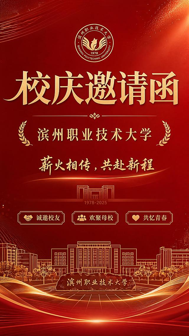 正式大气风格的滨州职业技术大学校庆邀请函海报，采用红金配色，整体设计精致庄重。主标题文字"校庆邀请函"，副标题文字"滨州职业技术大学"，装饰文字"薪火相传，共赴新程"，卖点标签文字"诚邀校友" "欢聚母校" "共忆青春"。大标题居中设计，排版精美，信息分区清晰，整体红金搭配，营造校庆荣耀氛围，背景用红色渐变搭配金色线条装饰，保留充足留白，画面分辨率4K，文字清晰可读。