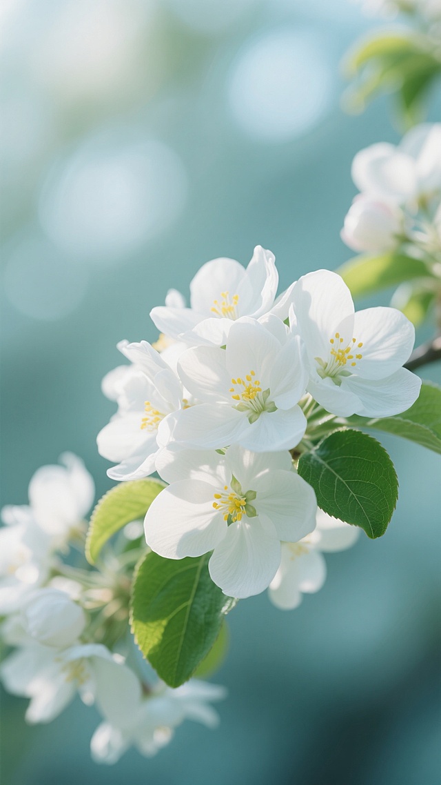 晨光中的白色海棠花背景，特写镜头下层层叠叠的白色花瓣，黄色花蕊点缀其间，翠绿的叶片舒展，背景呈现柔和的浅蓝绿色调，整体画面采用浅景深效果，前景花朵清晰锐利，背景虚化形成朦胧光斑，营造出清新自然、宁静雅致的春日氛围，光线明亮柔和，色彩饱和度适中，充满生机与温馨感。