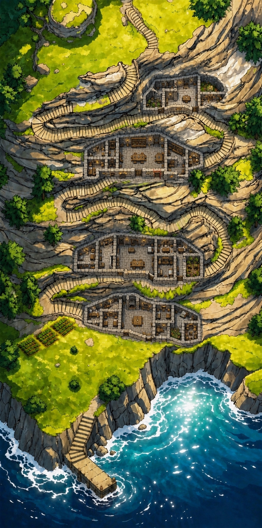 在图中四处沉降岩洞区域内生成石制中世纪建筑的俯视户型图，建筑由… - 图片创意预览
