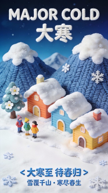 3D卡通风格，温暖治愈调性，深邃渐变的宝蓝色为主色调营造大寒时节的冬夜氛围，蓬松的白色作为积雪主色，彩色小屋的暖色调作为视觉亮点。略微俯视的平视视角，中心对称构图，场景为大寒节气的童话雪地村落。背景是3D立体毛线编织质感的连绵雪山，表面呈现清晰针织纹理，山顶覆盖蓬松的白色积雪，点缀立体雪花装饰。前景是色彩明快的3D卡通小屋，屋顶覆盖厚积雪，左侧有带白色花朵的3D卡通小树，树下站立三个穿着不同颜……预览效果